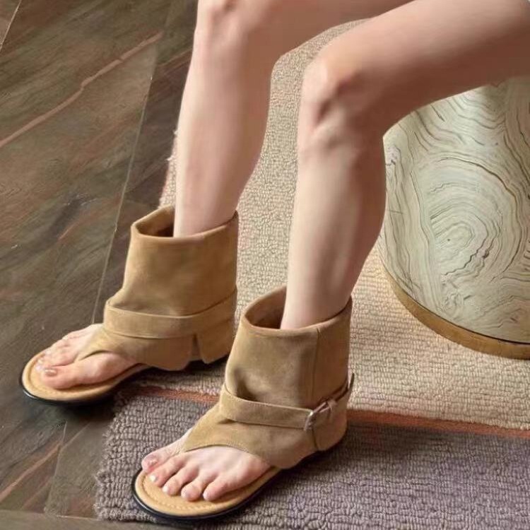 Sheepskin Version ~ Women's Ankle Boots with Buckle and Thong Design, Flat-Soled Fashionable Flip-Flop Short Boots, 2024 Summer New Style
