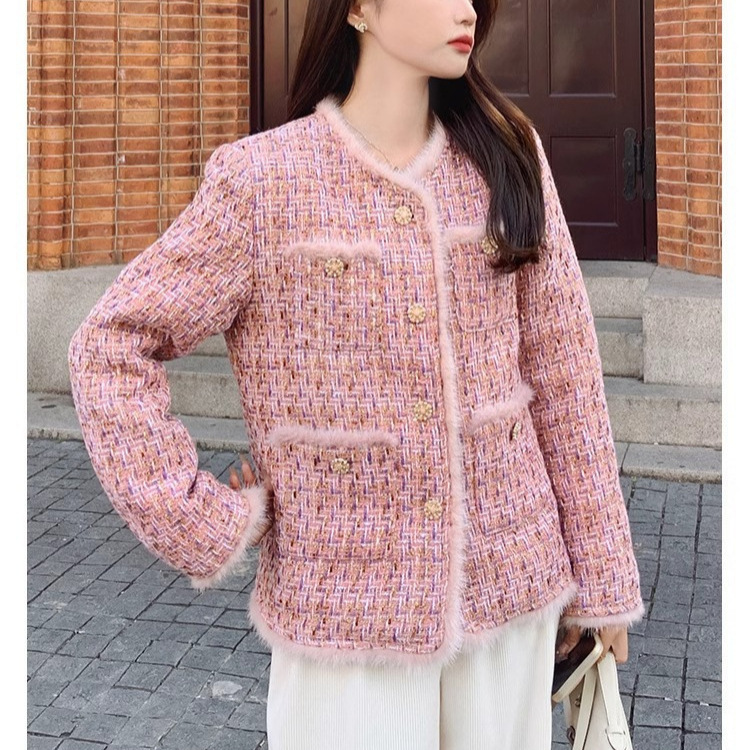 Autumn and Winter Women's New French Fashion Retro Chanel Pink Quilted Tweed-like Dress Jacket Coat