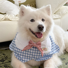 2025 新しい犬かわいい唾液よだれかけブルー大きなチェック柄花びらよだれかけ中型および大型犬ゴールデンレトリバーボーダーコリー