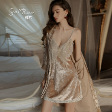 瑰若激情诱惑保暖丝绒女睡衣性感加胸垫甜美蕾丝睡裙外袍套装5035