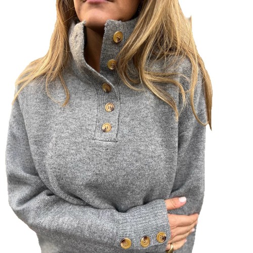 Amazon 2025 European and American cross-border autumn and winter new style stand-up collar knitwear solid color button casual loose sweater women 