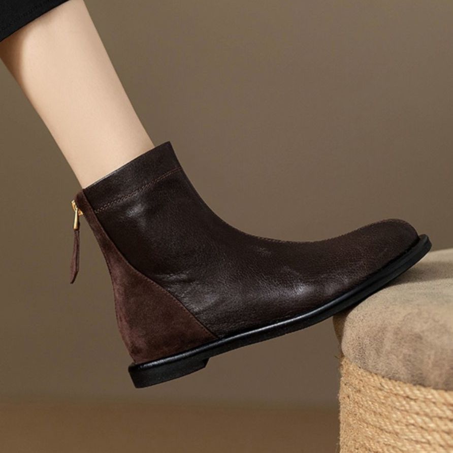 Spliced ​​Design Retro Round Toe Slim Boots for Women Autumn and Winter New Flats Boots Soft Commuter Low Heel Short Boots for Women