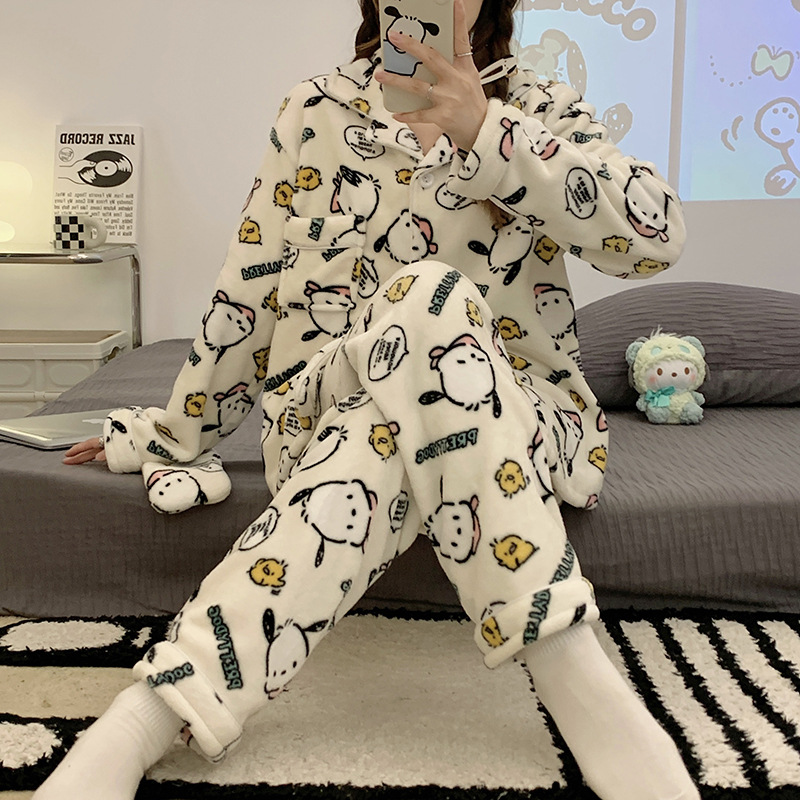 Popular Pacha perro pijamas de las mujeres franela solapa cardigan manga larga Otoño e Invierno máscara ojo libre dibujos animados homewear caliente conjunto