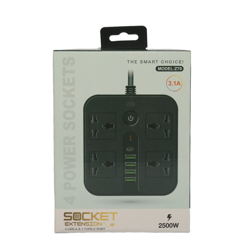 Exportación de Arabia Saudita enchufe cuadrado con caja de puerta de seguridad 4USB + 1Type-c interruptor de banda blanca y negra