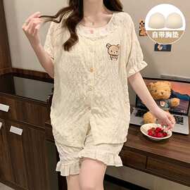 甜美风带胸垫睡衣女夏季短袖短裤卡通小熊纯棉家居服套装
