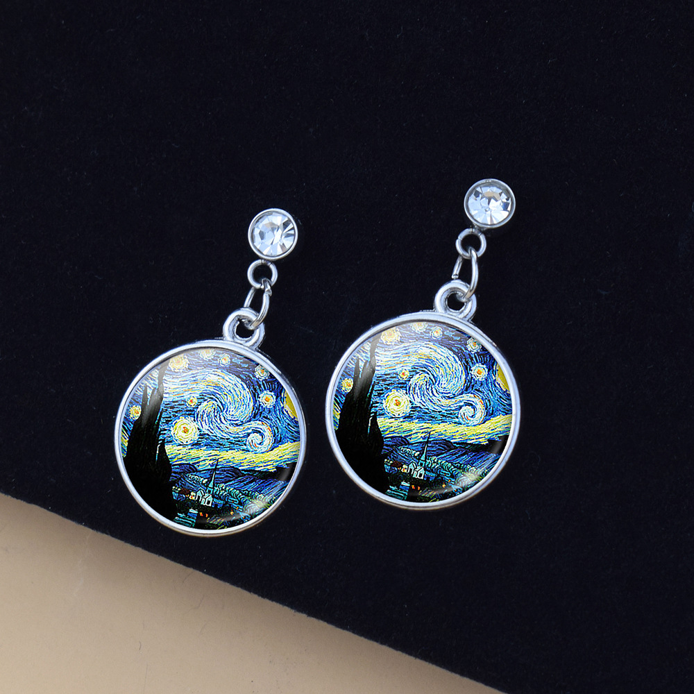 Pendientes de diamantes brillantes de flores Iris de girasol Van Gogh Art Starry Sky Pintura al óleo Pendientes de estilo europeo y americano medieval