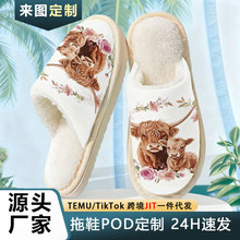 跨境专供高地牛图案印花棉拖鞋男秋冬情侣拖鞋POD跨境JIT一件代发