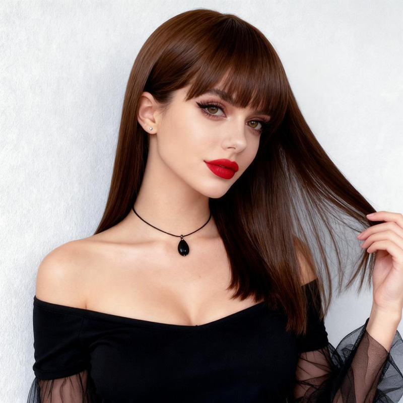 Cross-Border Spot Wig European and American Fashion Ladies Brown Bangs Medium-Length Straight Hair Chemical Fiber Machine-Made Headgear Manufacturer Wholesale Cross-Border Spot Wig European and American Fashion Ladies Brown Bangs Medium-Length Straight Hair Chemical Fiber Machine-Made Headgear Manufacturer Wholesale