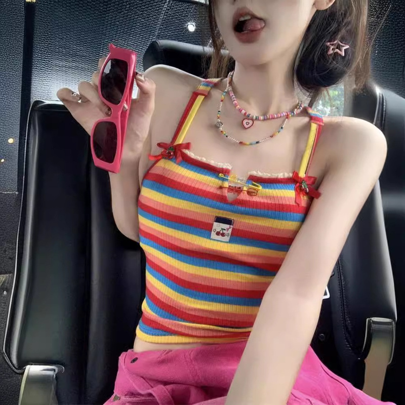 Dopamine Sweet Hot Girl Cross Strap Girl's French Niche Camisole Outer Wear Sleeveless Striped Design Top