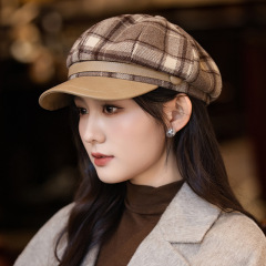 英伦风文艺复古格纹八角帽秋冬季帽子女款韩版时尚百搭鸭舌贝雷帽