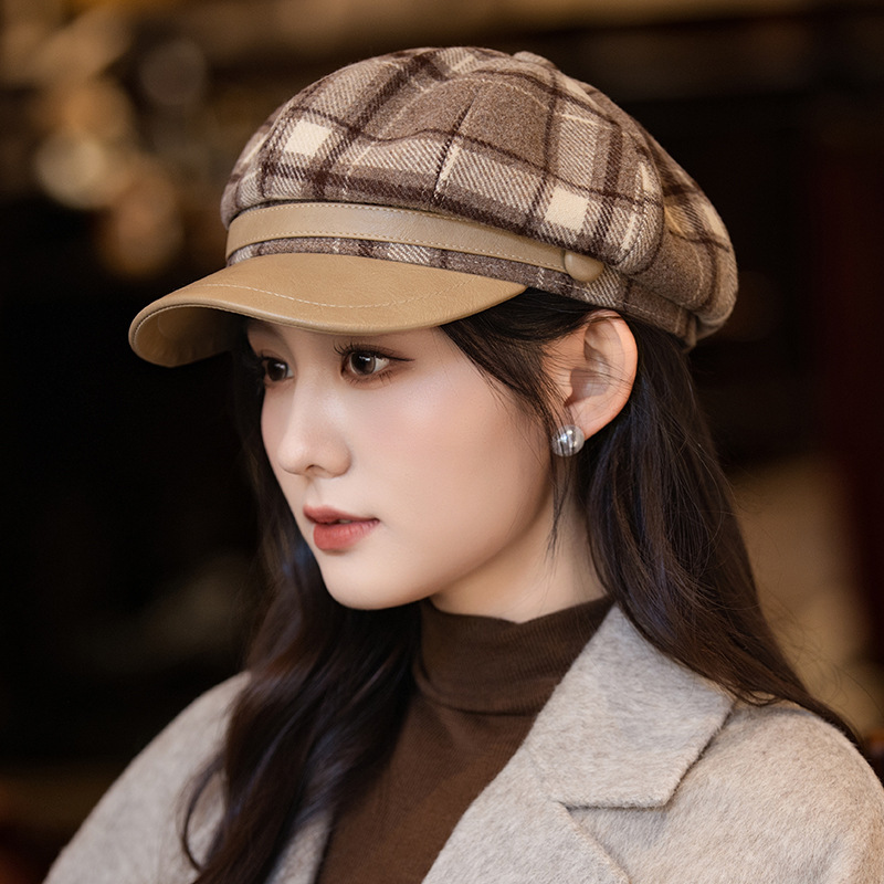 英伦风文艺复古格纹八角帽秋冬季帽子女款韩版时尚百搭鸭舌贝雷帽|undefined