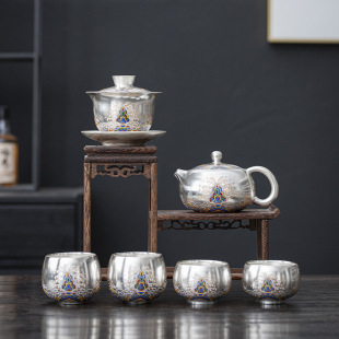 Silver-Plated Seawater Cliff Kung Fu Tea Set for Home Use with Gaiwan, Teacups, Xi Shi Pot, Teapot, and Fairness Pot Gift Box