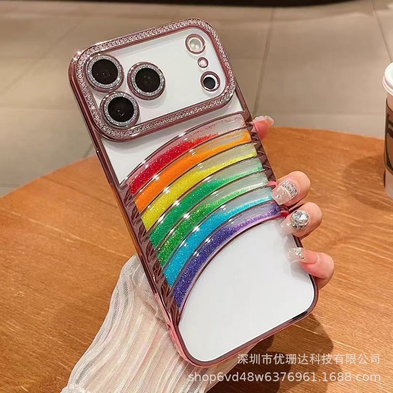 适用iPhone17promax立体流沙彩虹手机壳苹果16闪钻电镀全包保护套|undefined