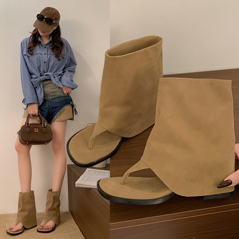 New Suede Thong-Toe Short Boots for Women, Summer Versatile Slimming High-Heeled Sandals, Fashionable Trendy Chunky Heel Mid-Calf Boots