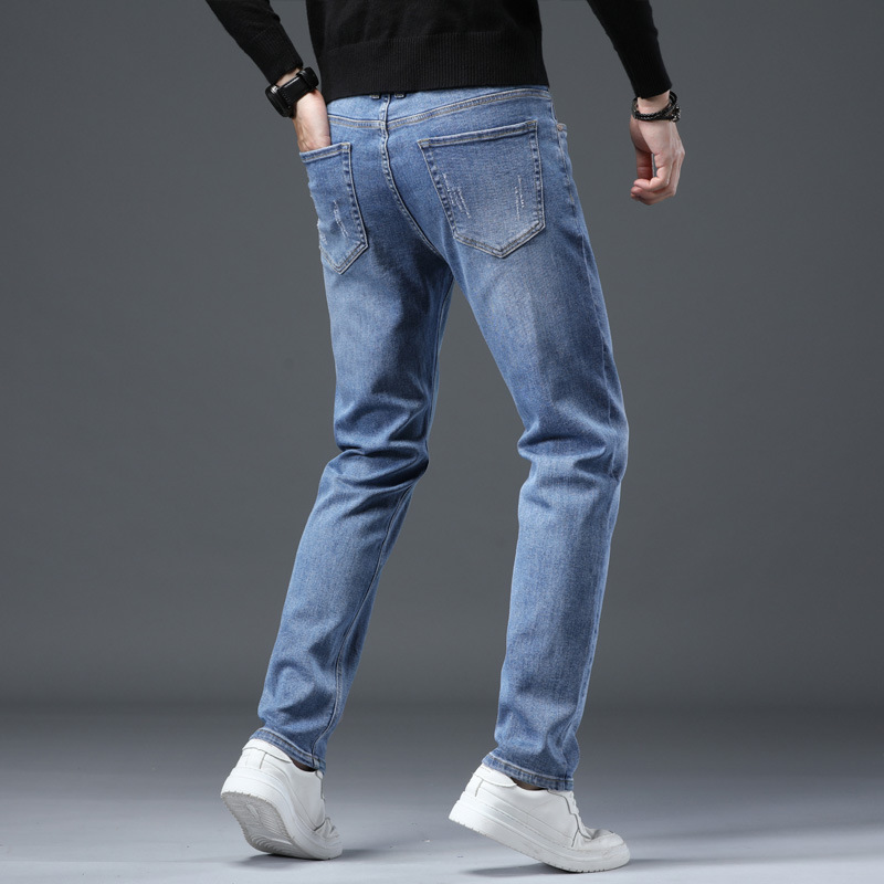 2025 primavera y verano algodón elástico color claro delgado jeans para hombres elásticos delgados pequeños pantalones casuales de todo fósforo de moda recta