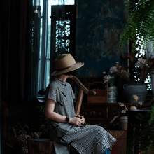 小泥姑娘文艺复古民国风高端棉麻立领盘扣连衣裙袍子1333黑白格