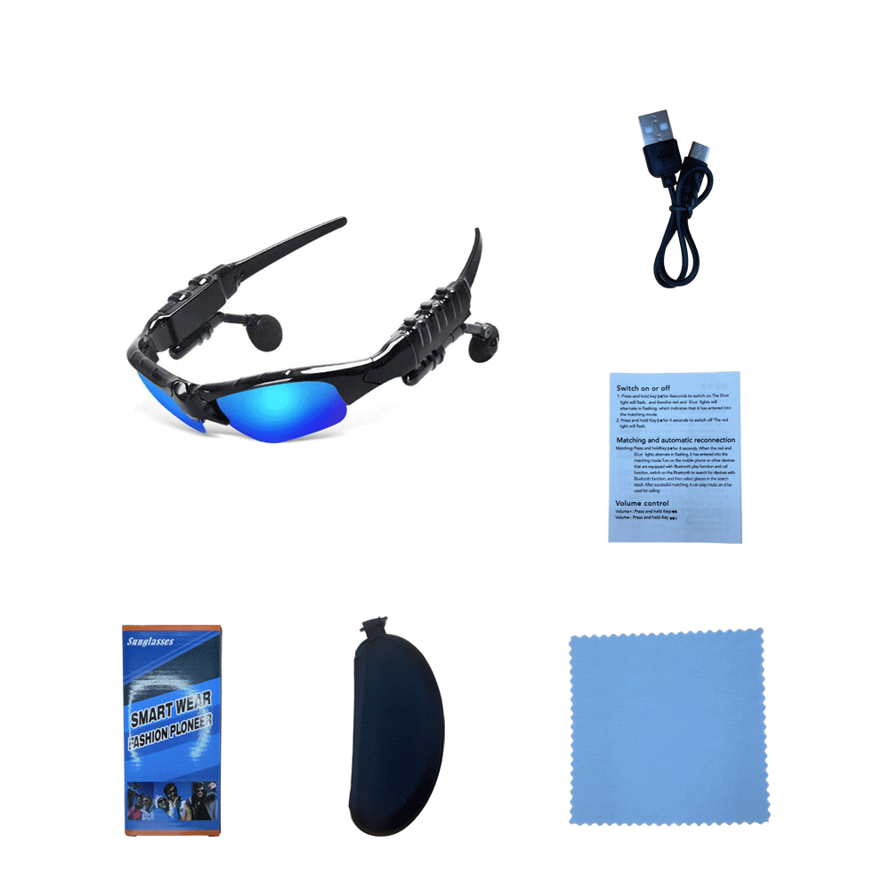 Juego completo de lentes azules con montura negra (incluye caja de color, bolsa de cuero, paño para gafas, manual de instrucciones y cordón)