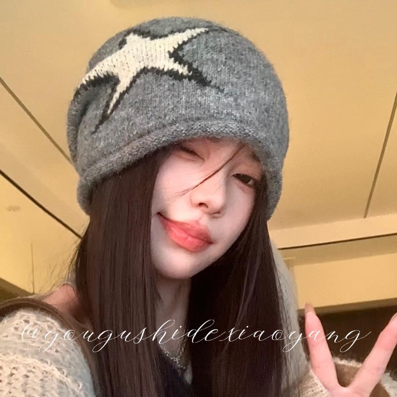 辣妹星星针织冷帽女秋冬韩系复古堆堆帽女护耳保暖百搭大头围包头|undefined