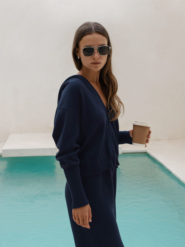 Bộ áo cardigan dệt kim có mũ khóa kéo dáng rộng kèm quần ống ôm cotton — Màu cà phê, Màu trắng, Màu xanh dương, Xanh lá cây chi tiết 16