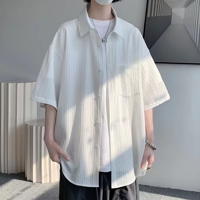 oversize褶皱短袖衬衫男夏季薄款宽松休闲凉感开衫上衣