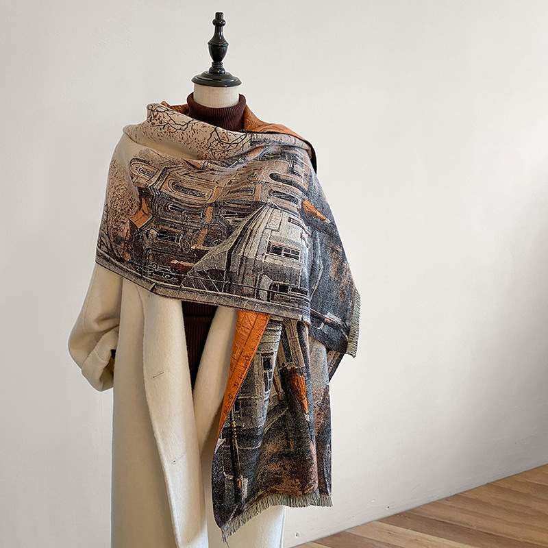 Autunno e inverno Edizione coreana Collo premium Castello Stile pittura a olio Versatile stampa con scialle caldo imitazione cashmere_voghion.com