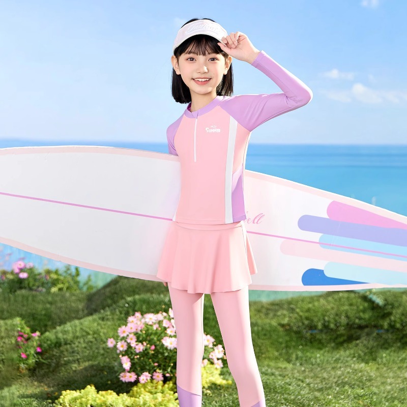 子供の水着の女の子の2025の新型の速乾の日焼け止めの長袖の分体の水着の中で大きい子供の女の子の水着の卸売り|undefined