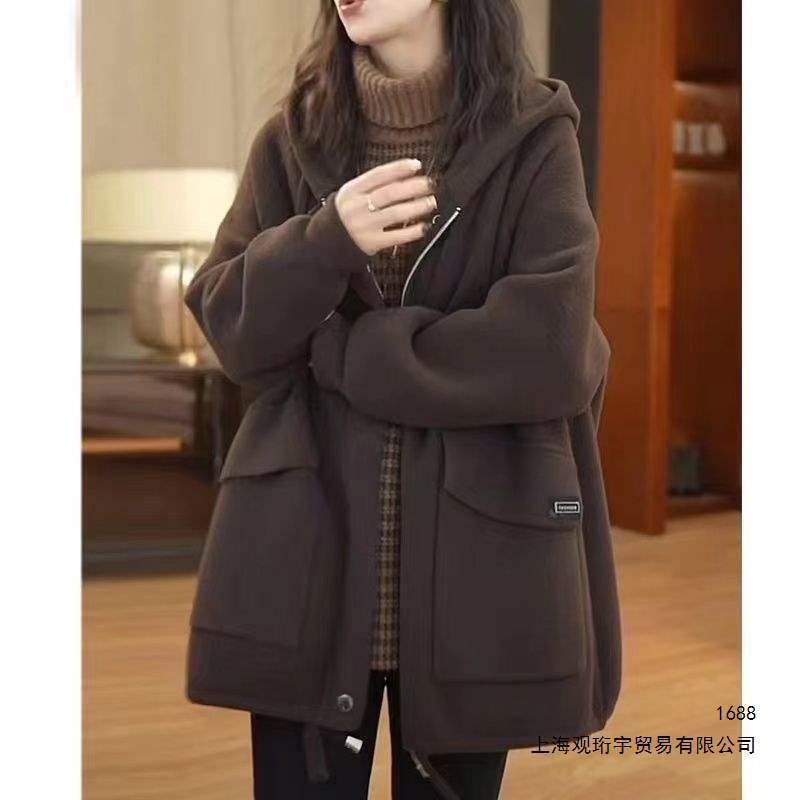 欧洲站时尚百搭连帽外套女秋冬季加厚保暖大码宽松显瘦中长款上衣