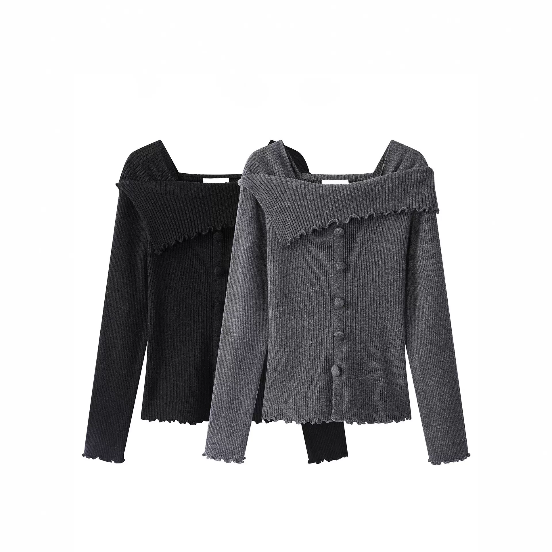 秋装女装高级感一字肩木耳边毛衣针织衫长袖气质百搭法式打底上衣