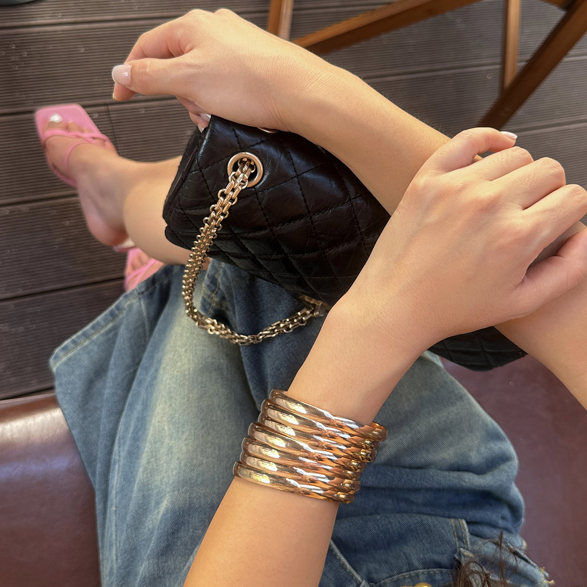 117g Weight Without pendants Pendant Material Bangle Classification Iron Chain Material 1 Set Quantity Holiday, Daily Occasion Iron Material Geometric Pattern Women's Gender Plating Design Retro, Simple Style Style Retro Simple Style Geometric Iron Wholesale Bangle 11