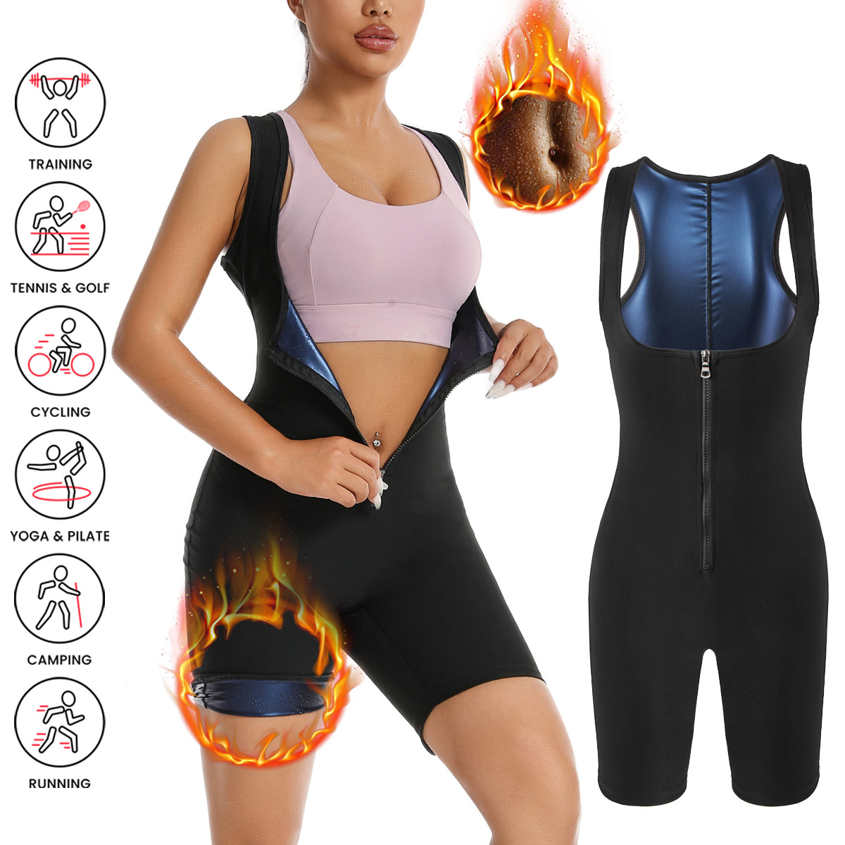 Cross-Border One-Piece Zipper Vest Sweat Suit Breast Support Training Suit Sports Fitness Shapewear Waist and Arm Lifting Jumpsuit