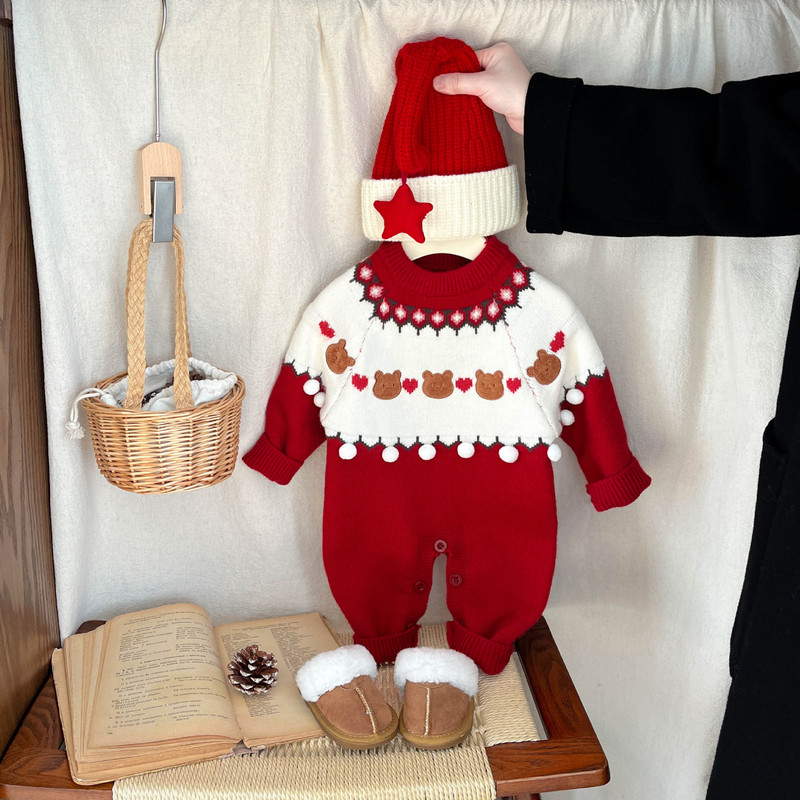 Baby Christmas Sweater Thickened Festive New Year Clothes Autumn and Winter Baby Fashionable Warm Jumpsuit Outdoor Crawling Clothes
