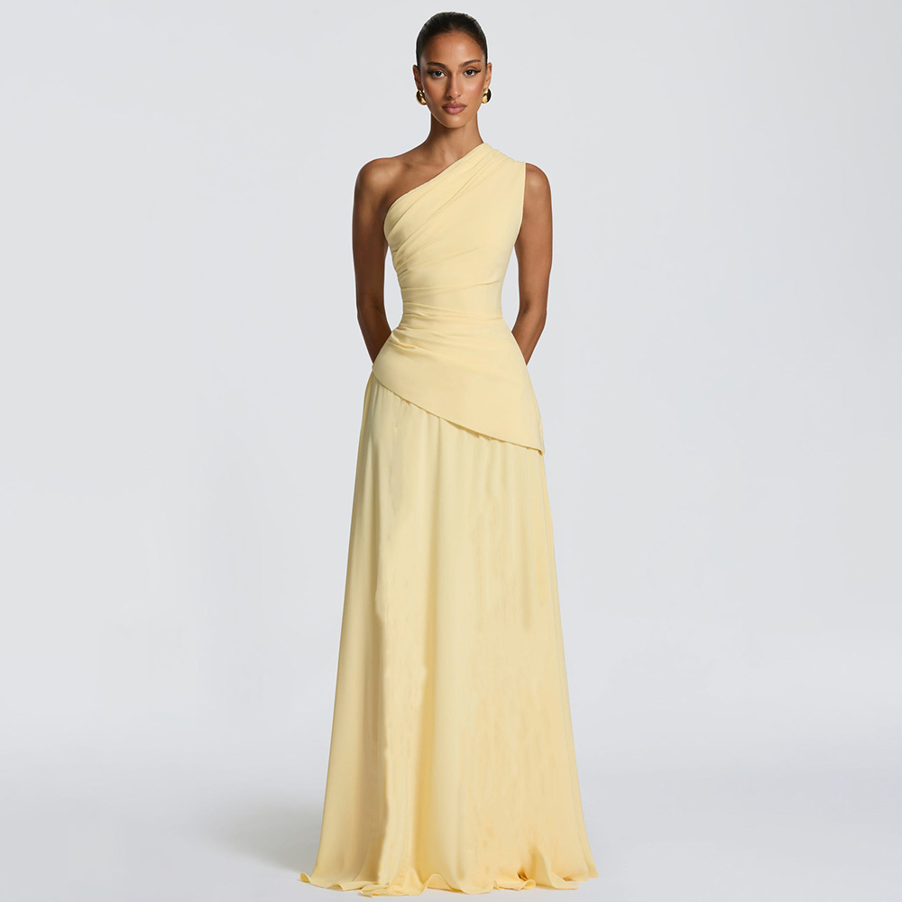 Transfronterizo Amazon 2026 verano nuevo temperamento cuello inclinado hombro único plegado chiffon cintura abierta vestido grande image 1
