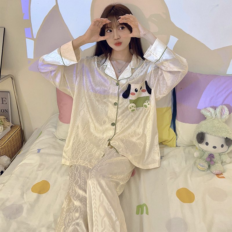 Bolsillo cachorro de dibujos animados pijamas las mujeres solapa seda del hielo cardigan manga larga Otoño e Invierno lindo dulce chica desgaste en casa traje