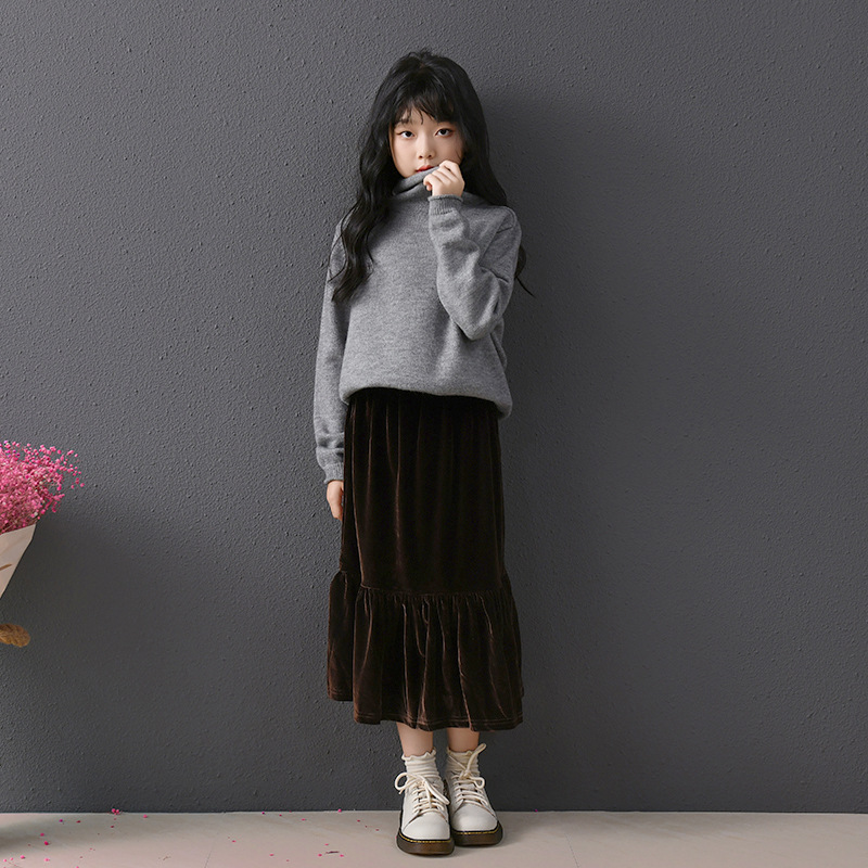 Falda de terciopelo negro café para niñas de dos colores otoño e invierno Nueva falda de estilo occidental para niños