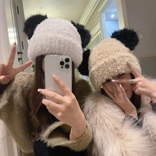 熊猫耳毛线帽子可爱女秋冬天保暖护耳包头帽加厚显脸小毛绒针织帽