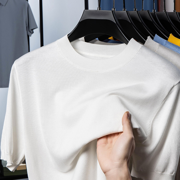 남성용 128 카운트 초극세 실크 코튼 아이스 니트 반팔 티셔츠 2025 여름 트렌디 하이 엔드 아이스 실크 반팔 니트 탑