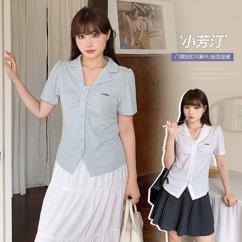 Age-reducing Joker POLO Collar Short-sleeved T-shirt Women's Summer plus size chubby girl Waist Bubble Sleeve Slim Top 63451