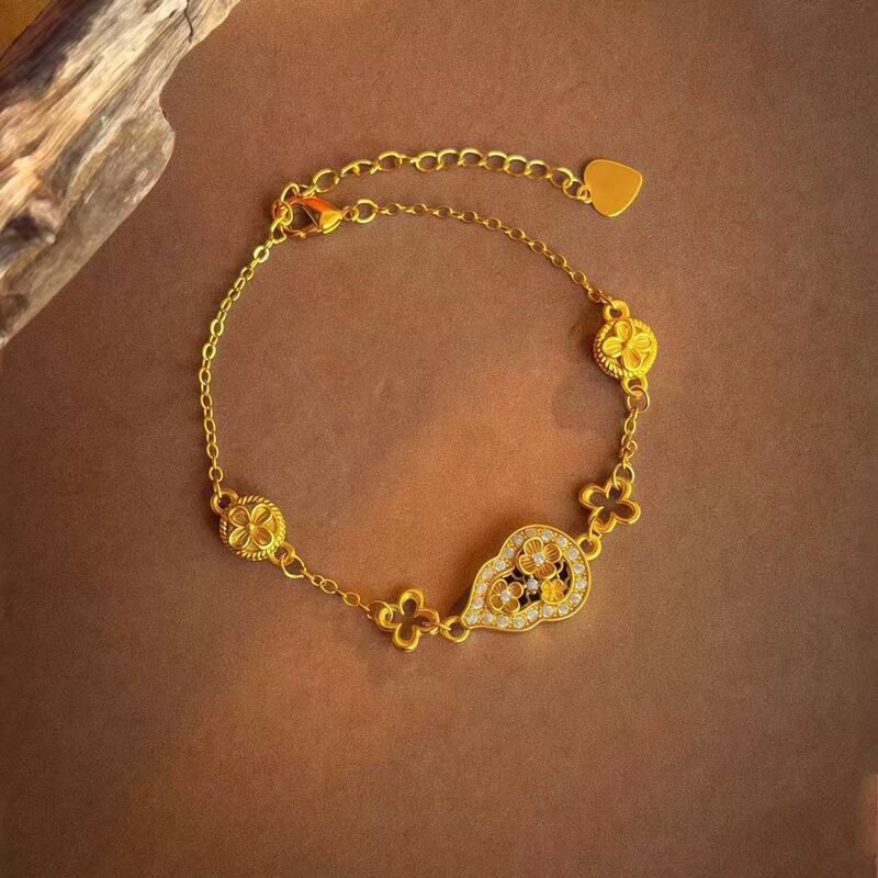 Chinese Style Traditional Gold-Plated Four-Leaf Flower Diamond-Encrusted Gourd Bracelet for Women, Light Luxury Niche Design, Brass Gold-Plated Bracelet Wholesale
