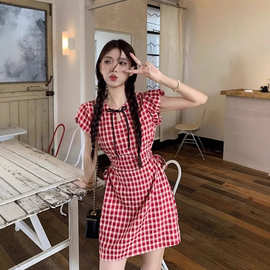 (有拉链)红色格子短袖连衣裙女装夏季小众设计感辣妹镂空收腰短裙
