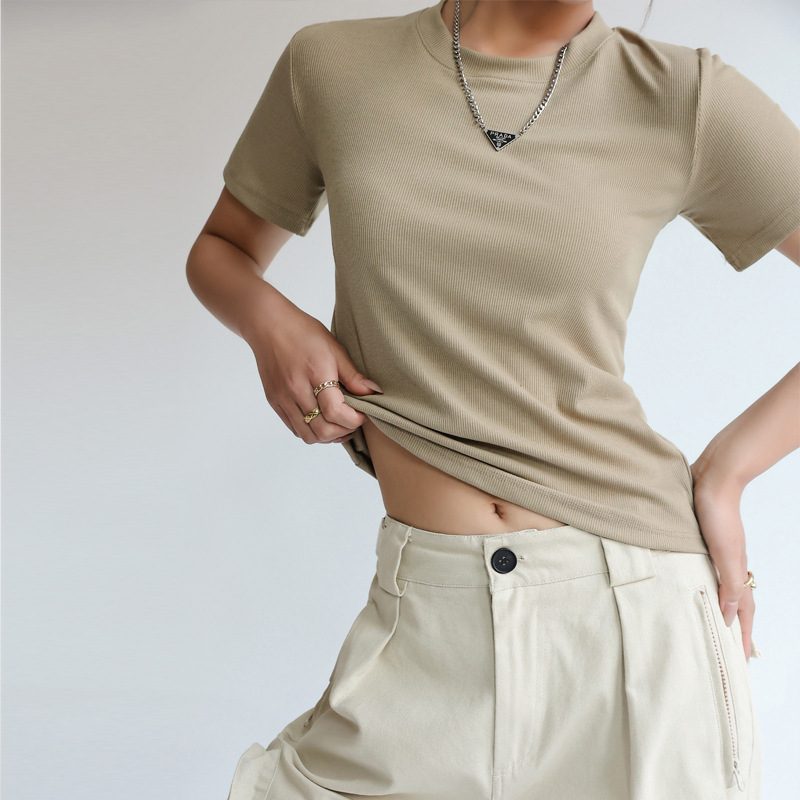 Selección estricta verano estilo coreano roscado Algodón color sólido hombro manga corta Camiseta de mujer suelta estilo simple parte superior de fondo image 14