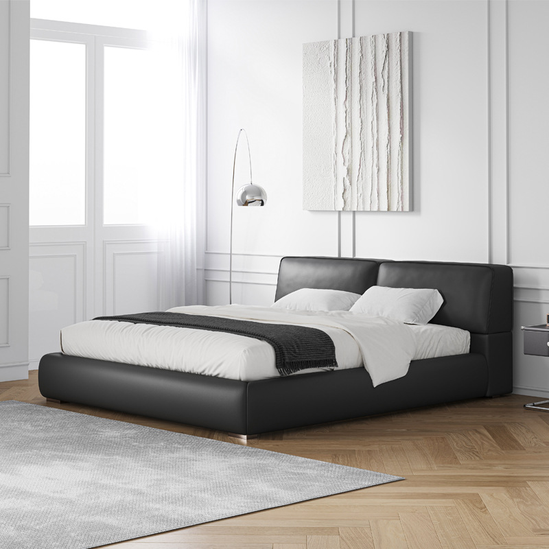 Diseñador minimalista italiano gran cama de cuero negro 1.8m simple y moderno pequeño dormitorio principal almacenamiento cama doble