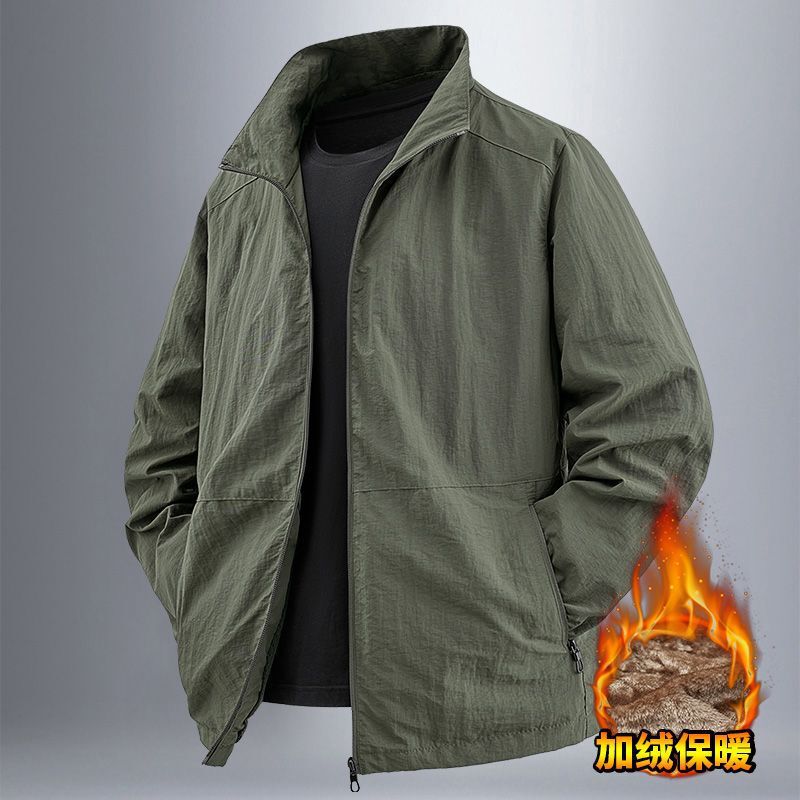 Men's Large Size Stand-Up Collar Plus Velvet Thickened Soft Shell Tactical Jacket Autumn and Winter Outdoor Three-Proof Cycling Camping Style Work Jacket