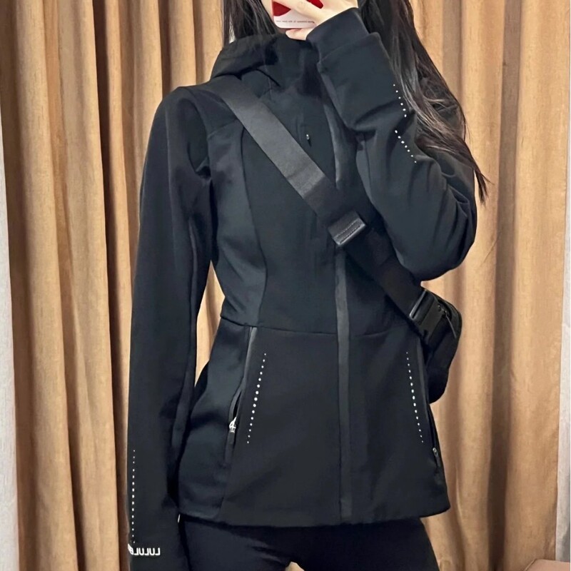 Lulu Original Label Soft Shell Jacket with Steel Print Cross Sports Jacket Hooded Women's Fitness Fleece-Lined Warm and Windproof