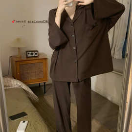 实拍2024秋季新款巧克力简约风舒适家居服套装两件套女外贸批发