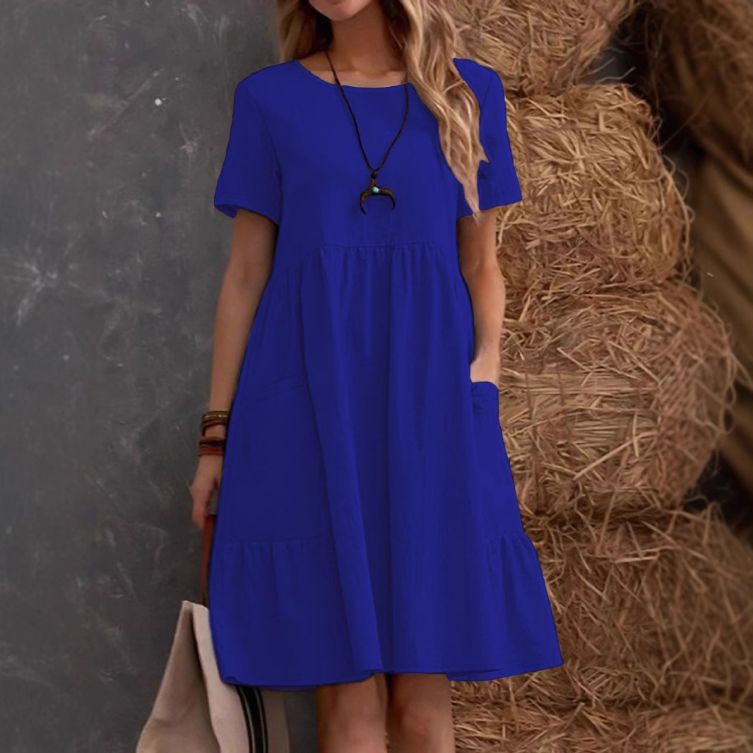 Women's Casual Short Sleeve A-Line Dress With Pockets, Solid Color Round Neck T-Shirt Dress For Everyday Wear_ecoleips.com