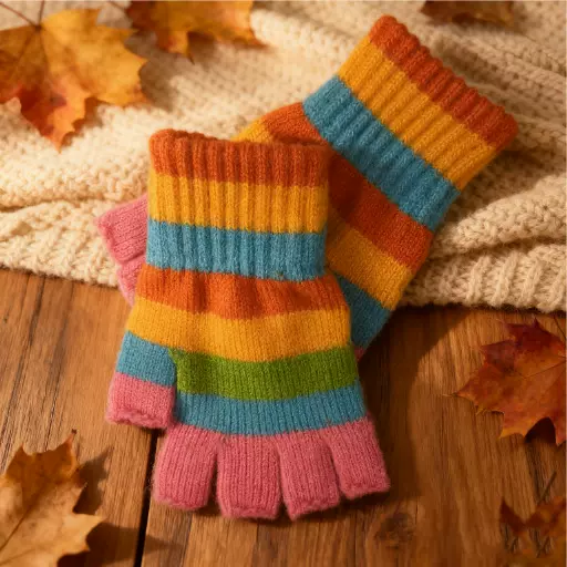 时尚彩虹色夹条半指手套甜美秋冬季学生写字游戏针织保暖手套亲子
