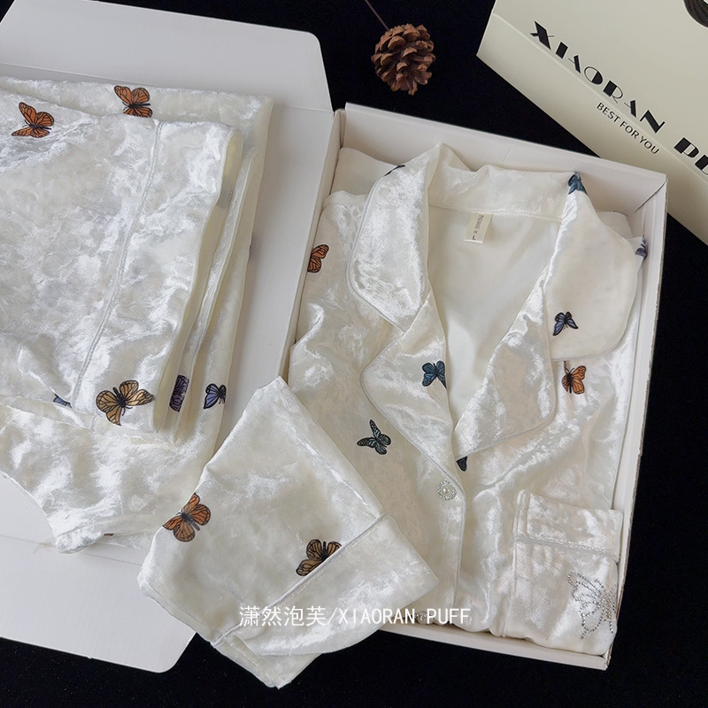 Smart Diamond-Encrusted Butterfly Gold Velvet Pajamas for Women, Autum Long-Sleeved Pants, Sweet Home Clothes, Birthday Gifts for Girls