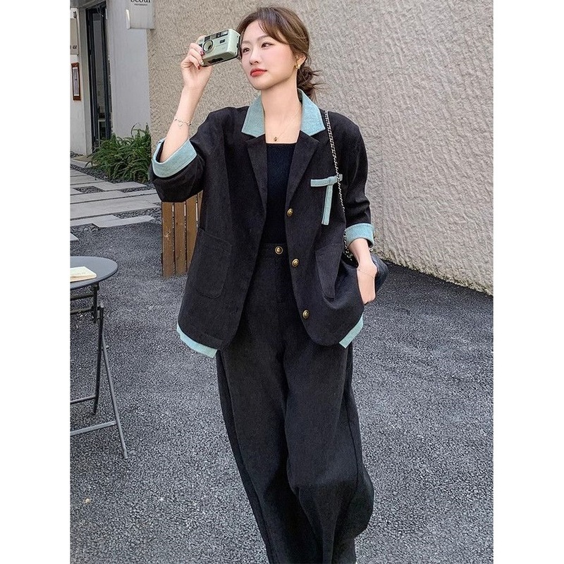 韩版高级感牛仔拼接西装外套阔腿裤两件套女春春秋新款长裤套装|undefined