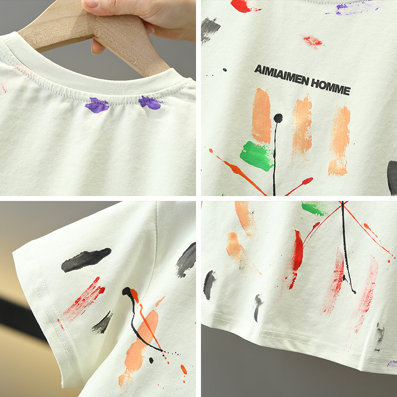 7834 Camiseta de manga corta para niños 2025 nuevo verano para niños moda de verano graffiti de media manga base ropa de bebé