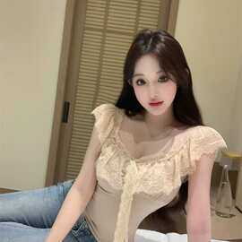 ZY617纯欲蕾丝拼接小飞袖T恤女夏季修身显瘦上衣